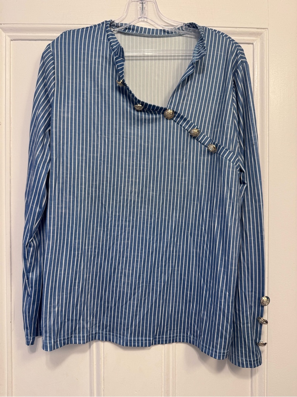 Striped Blue Button-Accent Long Sleeve Top